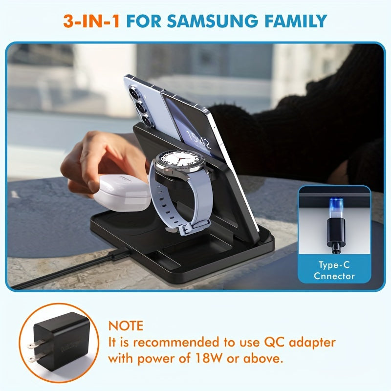 3 in 1 Wireless Charger Compatible with Samsung – For Galaxy S24/S23/S22/S21/S20, Note 20/10/9, Z Fold/Flip, Galaxy Watch 6/5 Pro and  Buds+