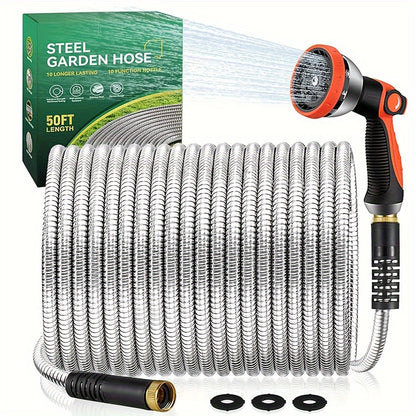 50FT/100FT/150FT Stainless Steel Garden Hose – No Kinks or Tangles, 10-Function Nozzle, Wear-Resistant and Leak-Proof Patio Water Hose