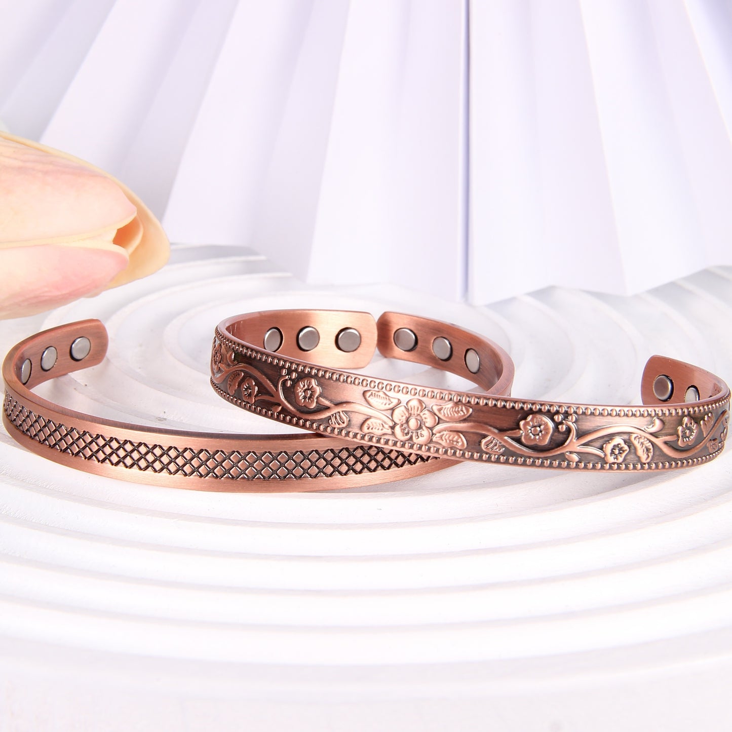 2 Piece Copper Magnetic Bracelets for Men and Women - Adjustable Copper Cuff Bangles with 6 Ultra Strength Magnets