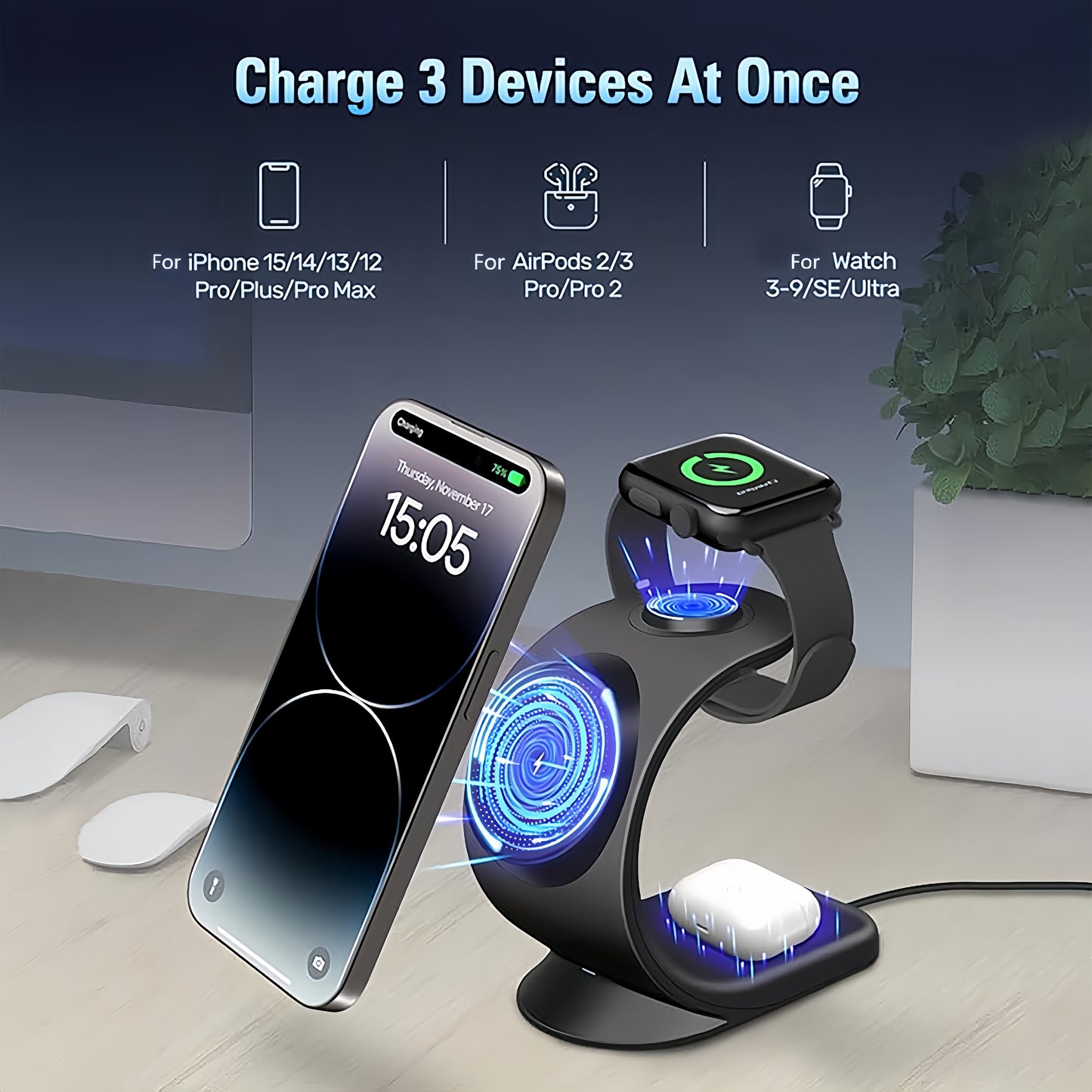 Triple Mode Magnetic Wireless Charger Stand - 3 in 1 Fast Charging for iPhone 16/15/14/13/12, iWatch SE/8/7/6/5/4/3/2, and AirPods, Compact and Safe Charging Solution