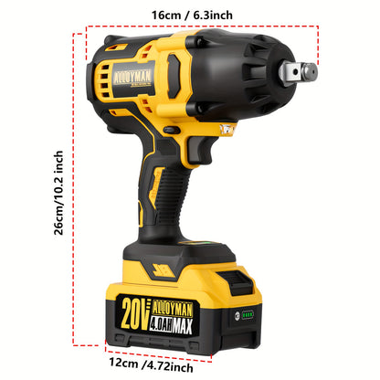 Alloyman Pro 20V 4.0AH Cordless Impact Wrench – 555 Ft-lbs Max Torque, 2000 RPM Brushless Motor, Includes 6 Sockets & 3 Extension Bars – 1 Hour Fast Charging, Long-Lasting Battery