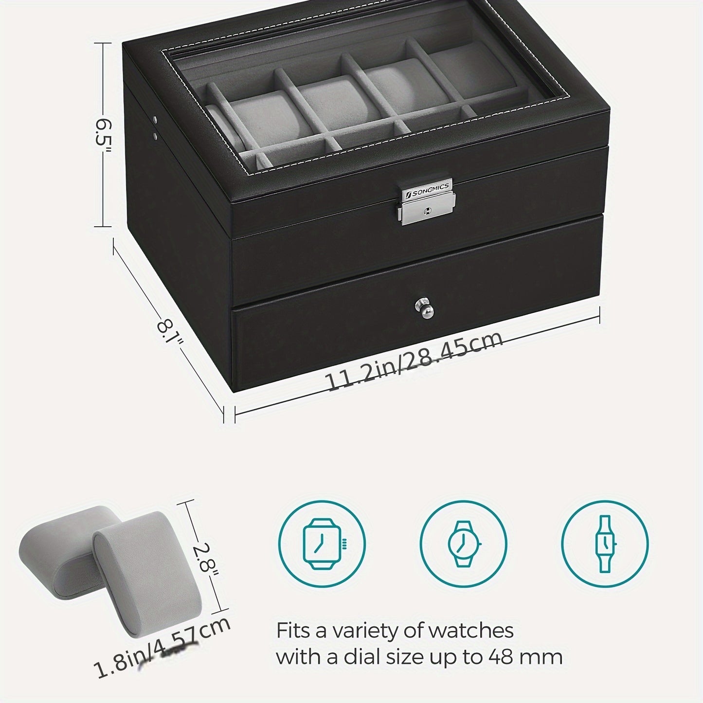 SONGMICS 20-Slot Watch Box - Lockable 2-Layer Display Case with Glass Lid, Black Synthetic Leather and Gray Lining - Ideal Christmas Gift for Men and Women