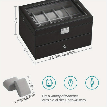 SONGMICS 20-Slot Watch Box - Lockable 2-Layer Display Case with Glass Lid, Black Synthetic Leather and Gray Lining - Ideal Christmas Gift for Men and Women