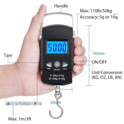 Portable Digital Fishing Scale with Hanging Hook - High-Precision Measurements for Fish, Bags, Luggage, Compact Design, Convenient Carry-On Features for Outdoor Enthusiasts