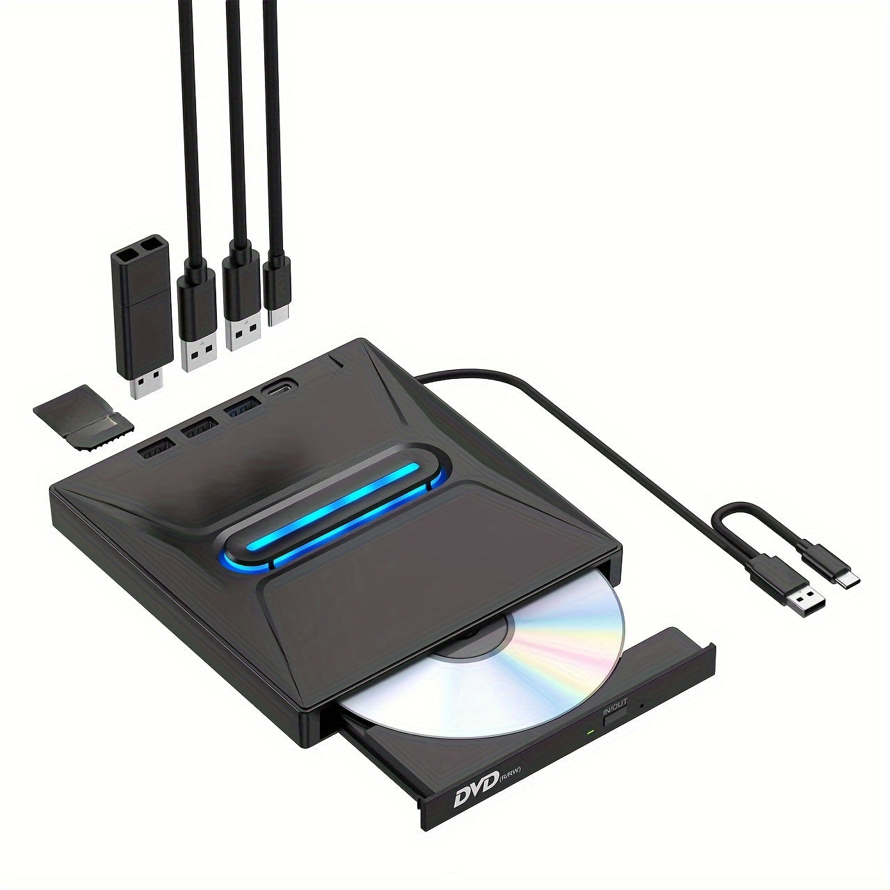 2024 New Luminous 3 USB 3.0 External CD/DVD Drive – Type-C Portable DVD±RW Player Hub with SD Card Reader, Compatible with Windows, Linux, and Mac