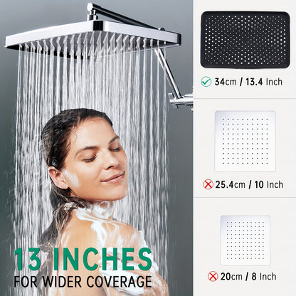 13 Inch Rainfall Shower Head with Handheld Spray - 4 Mode Wand, Adjustable Arm and Diverter Valve, Chrome Finish