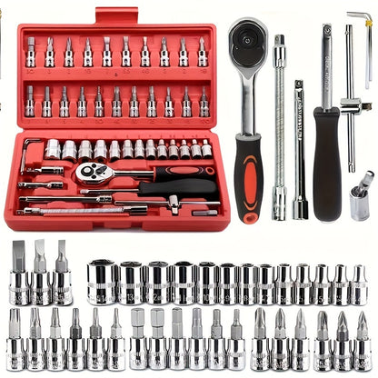 46-Piece 1/4 Inch Drive Socket Ratchet Wrench Set with Bit Sockets and Extension Bar – Includes Storage Case for Auto Repair and Household Use