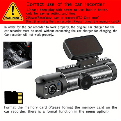 1080P Dual Camera Dash Cam with IR Night Vision, Loop Recording, and Wide Angle Lens – 3.16 Inch IPS Screen