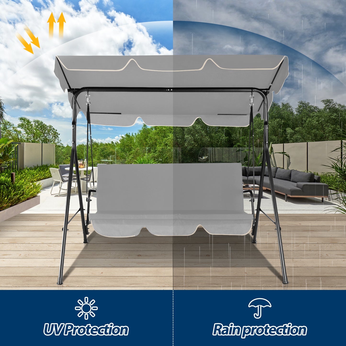 COVERONICS 3-Seat Outdoor Porch Swing – Patio Swing Chair with Adjustable Canopy, Durable Metal Frame, and Removable Cushions – Ideal for Backyard, Terrace, Lawn