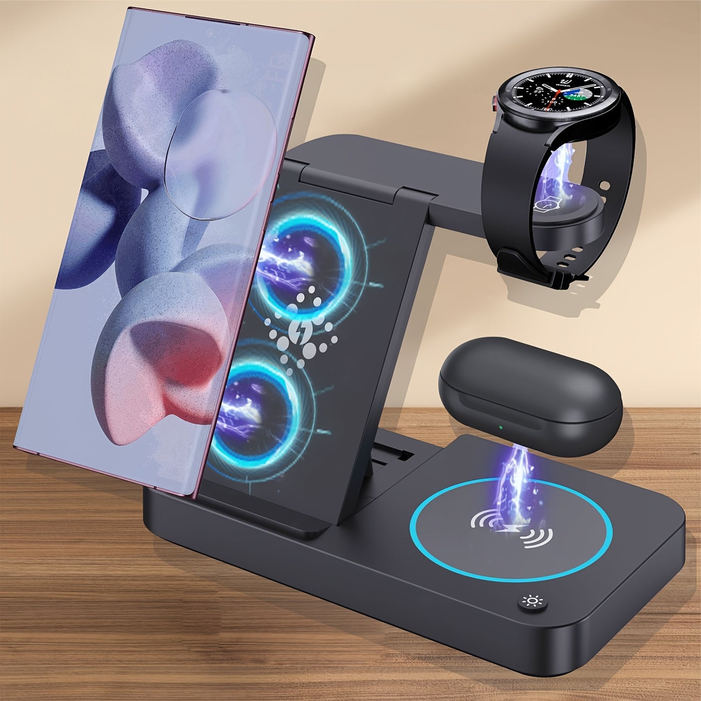 4 in 1 Fast Wireless Charger Station for Samsung - Charging Dock for Android Phones, Galaxy Buds, and Watches with LED Night Light, Compatible with S24 Ultra, S23, S22, Note 20 Plus, Z Flip 5, Fold 5, and More