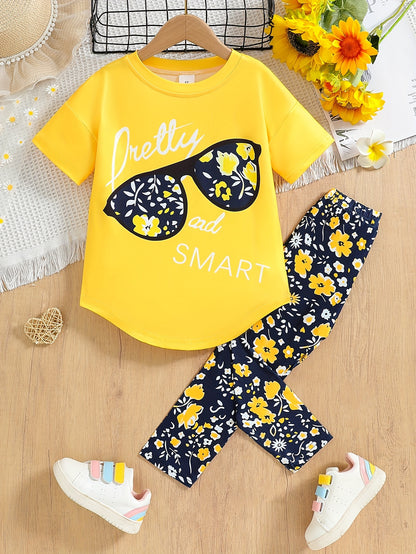 2pcs Little Girls' Adorable Glasses and Alphabet Pattern Outfit - Pant Set with Drop Shoulder Tee, Skinny Crop Leggings, and Cute Accessories