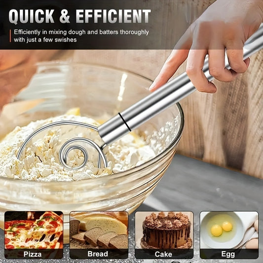 Stainless Steel Dough Mixer and Whisk - Handheld Bread Tool with Dough Scraper - Double Hole Quick Mixing for Cooking, Baking, and Food Trucks