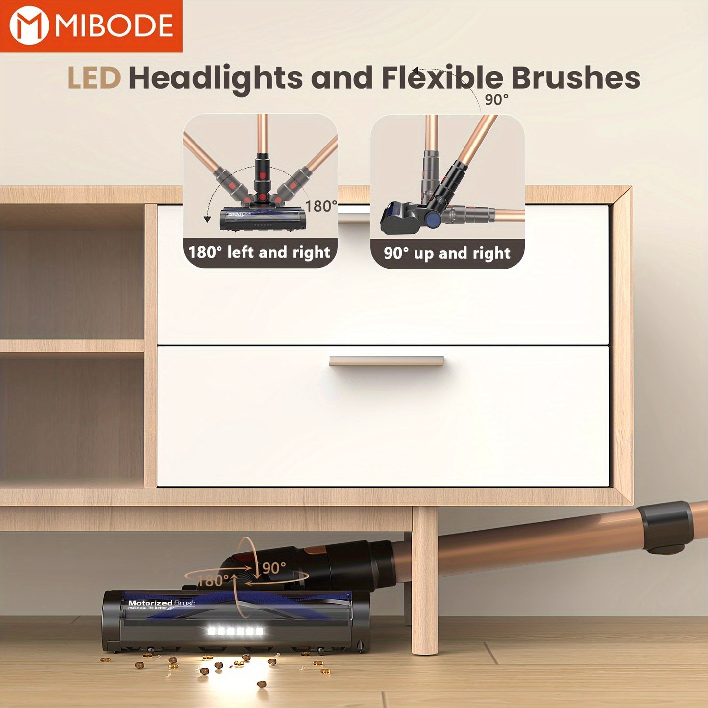 MIBODE Cordless Vacuum Cleaner - 26Kpa Powerful Stick Vacuum, 45min Runtime, Anti-Tangle, Rechargeable Wireless, 50.72oz Dust Cup, For Hardwood Floors, Carpet and Pet Hair