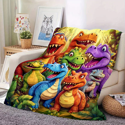 Cute Smiling Dinosaurs Flannel Throw Blanket - HD Digital Print, All-Season Cozy, Thermo-Regulating, 100% Polyester, Perfect for Napping and Christmas Gift