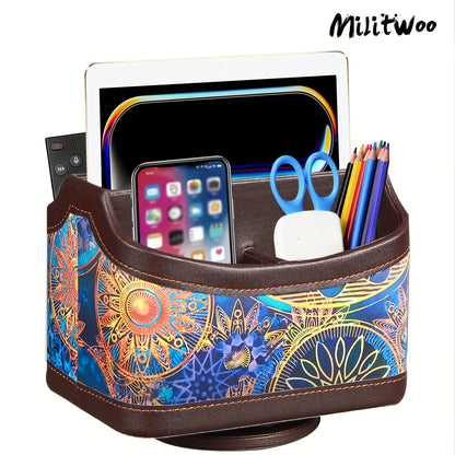 Militwoo 360° Rotating Remote Control Holder - PU Leather TV Remote Caddy Organizer with 5 Compartments for Pens, Pencils, Art Supplies, Makeup Brushes, Office Desk Accessories