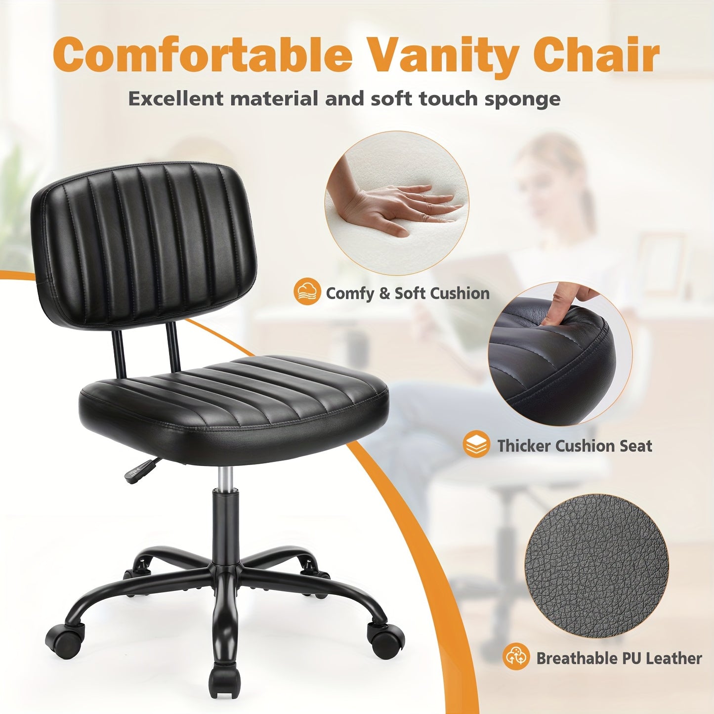 Comfy PU Leather Vanity Task Chair - Desk Chair with Wheels, Lumbar Support, Armless Design - Durable, Ergonomic, Adjustable Rolling Swivel Chair for Home Office and Study