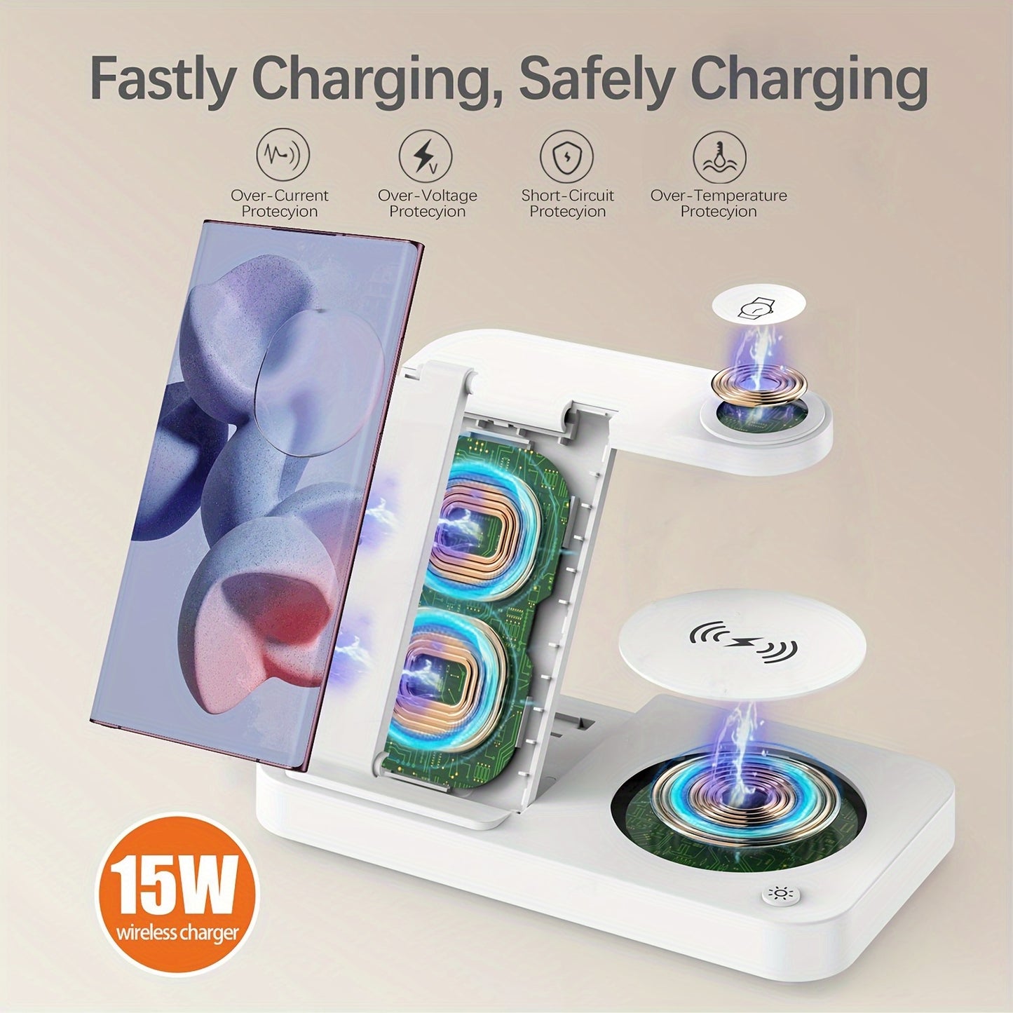 4 in 1 Fast Wireless Charger Station for Samsung - Charging Dock for Android Phones, Galaxy Buds, and Watches with LED Night Light, Compatible with S24 Ultra, S23, S22, Note 20 Plus, Z Flip 5, Fold 5, and More