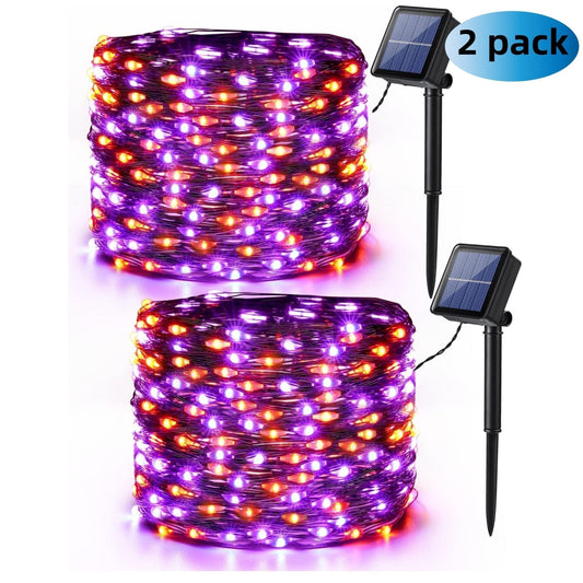 Ledoor 1/2 Pack Orange and Purple Halloween Lights – 39.37ft, 120 LED Orange Lights with Purple Solar Option, 8 Modes – Outdoor Twinkle String Lights for Halloween Party DIY Decor, Black Wire