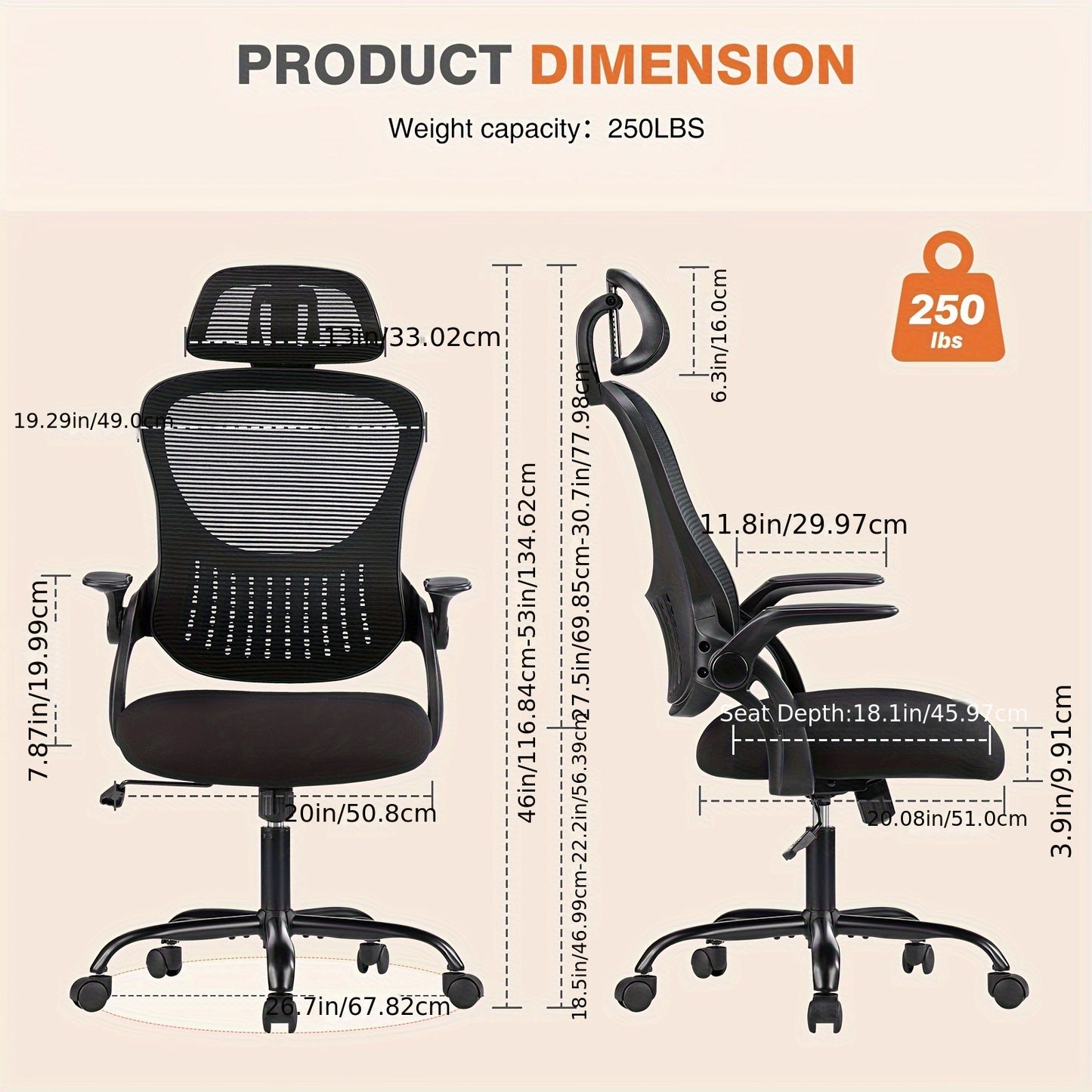 UltraComfort High-Back Ergonomic Office Chair – Adjustable Headrest, Flip-Up Arms, Lumbar Support, Breathable Mesh, Rolling Wheels – Ideal for Home, Study, and Long Hours of Sitting