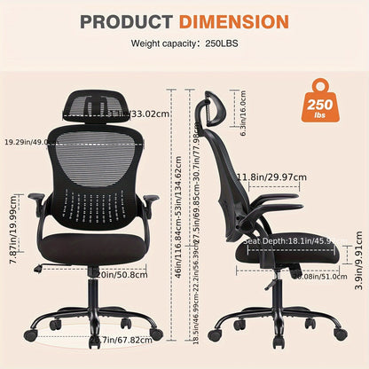 UltraComfort High-Back Ergonomic Office Chair – Adjustable Headrest, Flip-Up Arms, Lumbar Support, Breathable Mesh, Rolling Wheels – Ideal for Home, Study, and Long Hours of Sitting