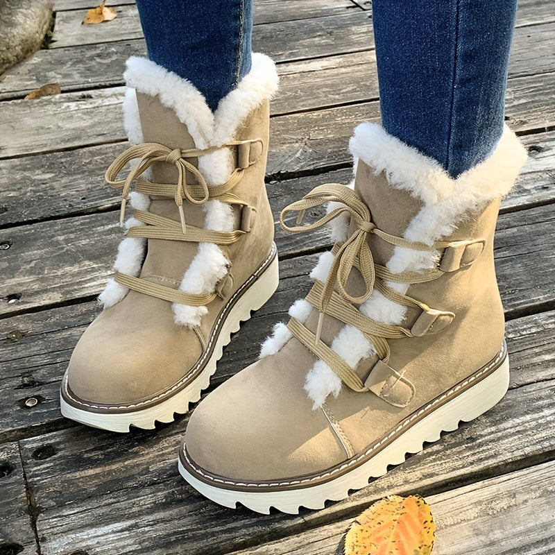 Women's Plush Lined Snow Boots - Solid Color Lace-Up, Anti-Slip, Winter Thermal Mid-Calf Outdoor Boots