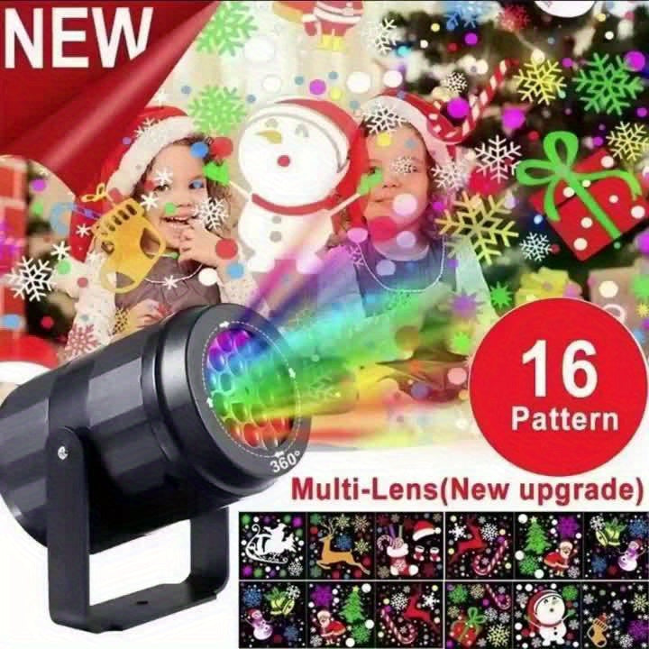 Christmas Projector Light with 16 LED Patterns - Featuring Snowflakes, Snowman, Reindeer, Christmas Tree, Santa Claus - Ideal for Parties, Weddings and Home Decor, USB Powered, Semi-Embedded Installation