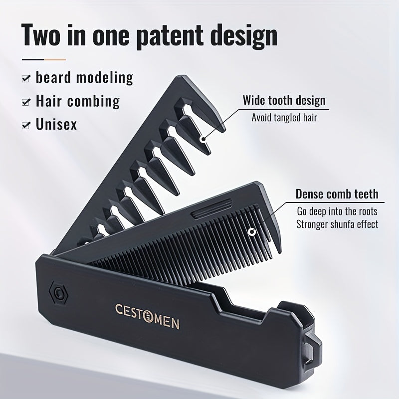 2-In-1 Folding Beard and Hair Styling Comb – Multi-Functional, No-Power Needed, Plastic Bristles for Men and Women – Beard Grooming Kit and Hair Straightener Comb