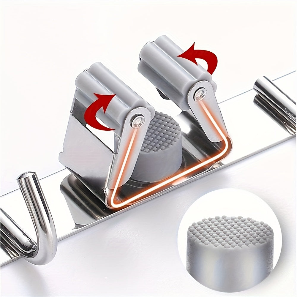 Heavy-Duty Stainless Steel Wall Mount Broom and Mop Holder - Self-Adhesive Non-Slip Hooks for Kitchen, Garage, Laundry and Home Organization