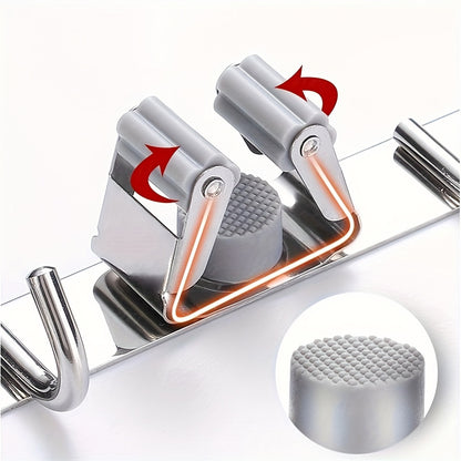 Heavy-Duty Stainless Steel Wall Mount Broom and Mop Holder - Self-Adhesive Non-Slip Hooks for Kitchen, Garage, Laundry and Home Organization