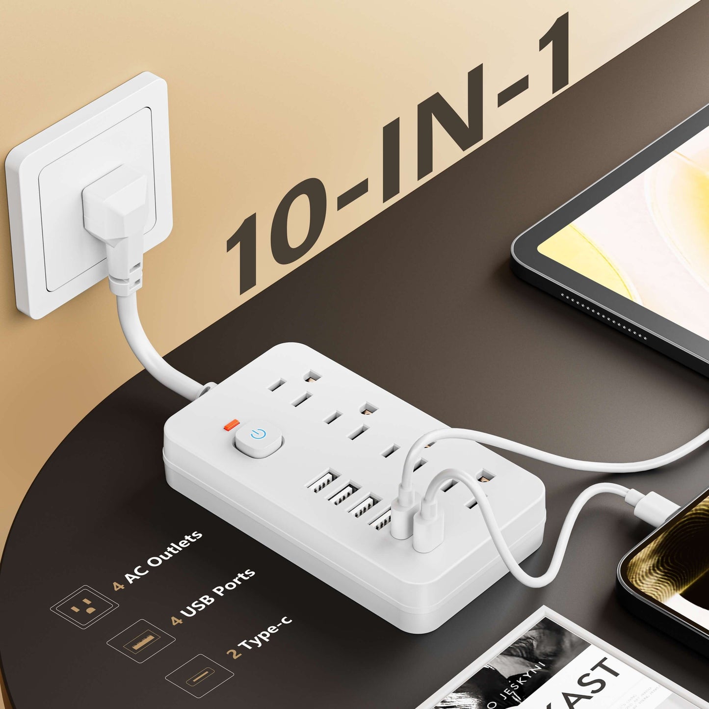 7 in 1 Wall Charger and Surge Protector – 4 Outlet Extender with 6 USB Ports (2 USB-C), Wall Mount Power Strip for Home, Travel and Office  ( White and Black )