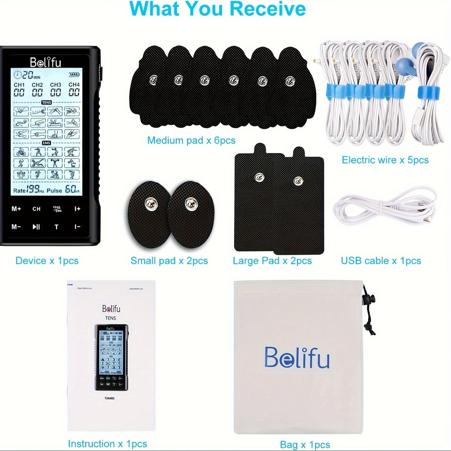 Belifu 4-Channel TENS EMS Device - 24 Modes, 30 Levels Muscle Stimulator, Rechargeable Electric Pulse Massager for Pain Relief