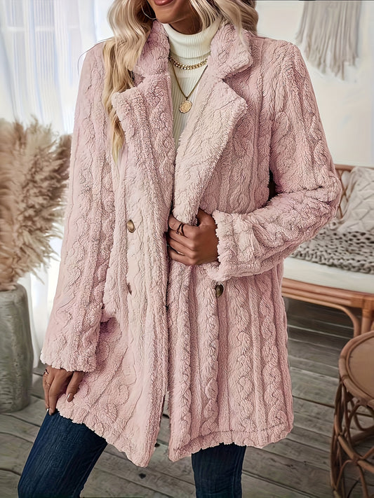 Elegant Plus Size Fuzzy Lapel Pea Coat – Soft Stretch Polyester, Faux Fur Trim, Long Sleeve, Casual Chic Fall and Spring Outerwear for Curvy Figures