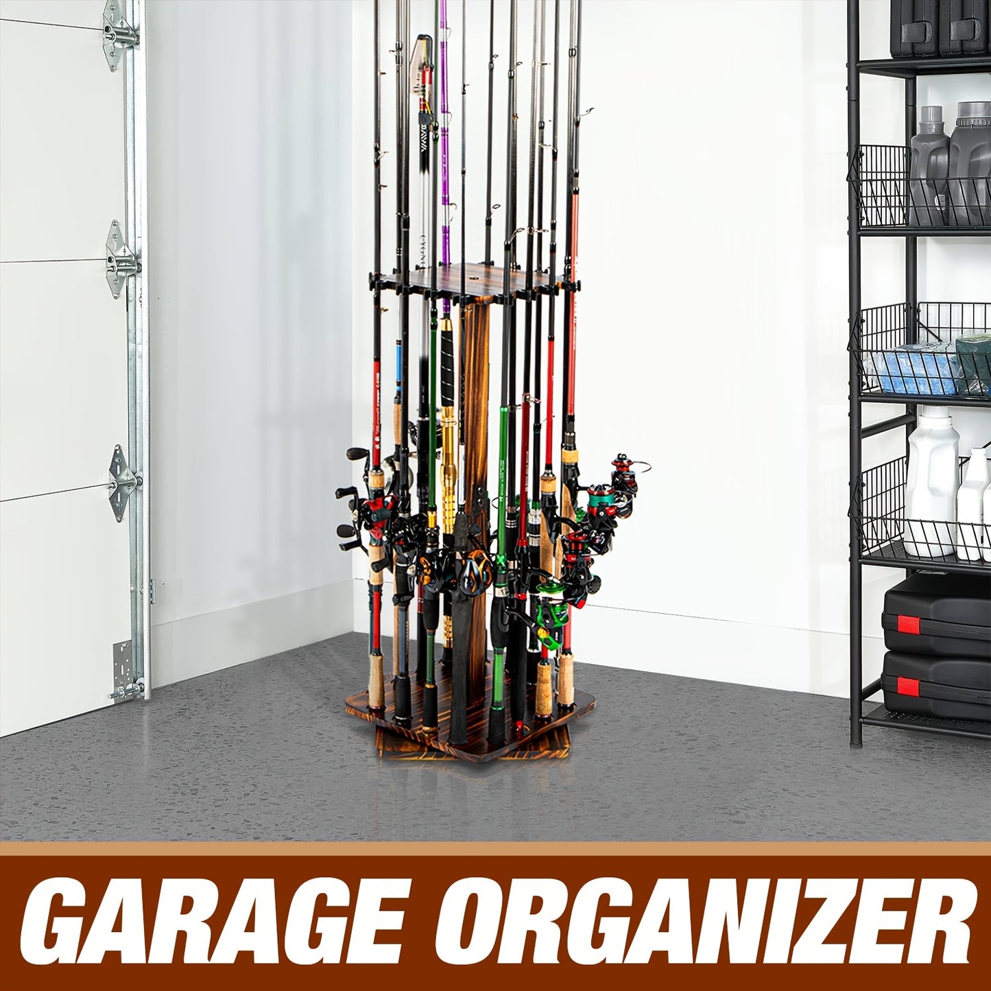 360-Degree Swivel 16-Rod Fishing Pole Storage Rack - Wooden Vertical Holder for Garage & Gear Organization - Secure Floor Stand Design