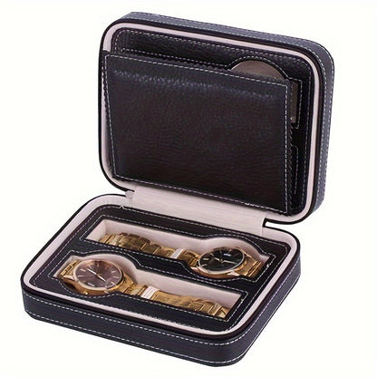 Luxury 4 Slot Black Faux Leather Watch Case with Zipper - Portable Travel Organizer for Watches, Jewelry and Accessories