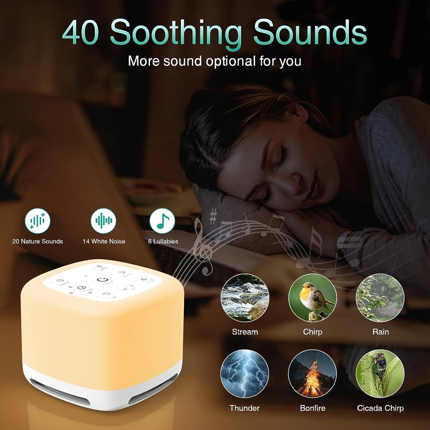 40 Soothing Sounds Sleep Sound Machine - Rechargeable Portable with 7-Color Night Light and Wireless Speaker