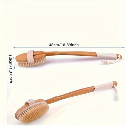 Back Boar Bristle Scrubber for Shower - Long Wooden Handle Bath Sponge Brush, Soft Natural Bristles for Back Cleaning