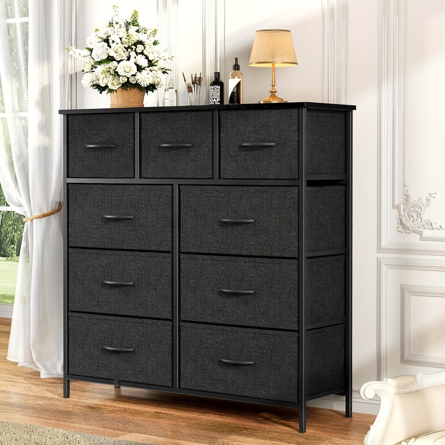 OLIXIS Bedroom Dresser – 9-Drawer Fabric Storage Tower with Steel Frame and Wood Top – Versatile Storage for Closet, Entryway, Bathroom