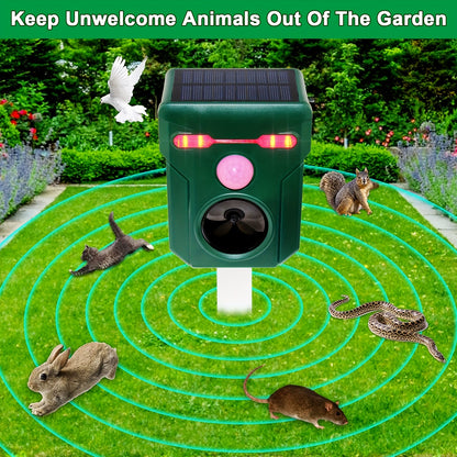 Ultrasonic Animal Repeller - Solar-Powered Outdoor Deterrent with Motion & Light Sensor, Flashing LED Lights, Siren | Repels Cats, Dogs, Deer, Raccoons, Birds, Skunks, Squirrels, Rabbits