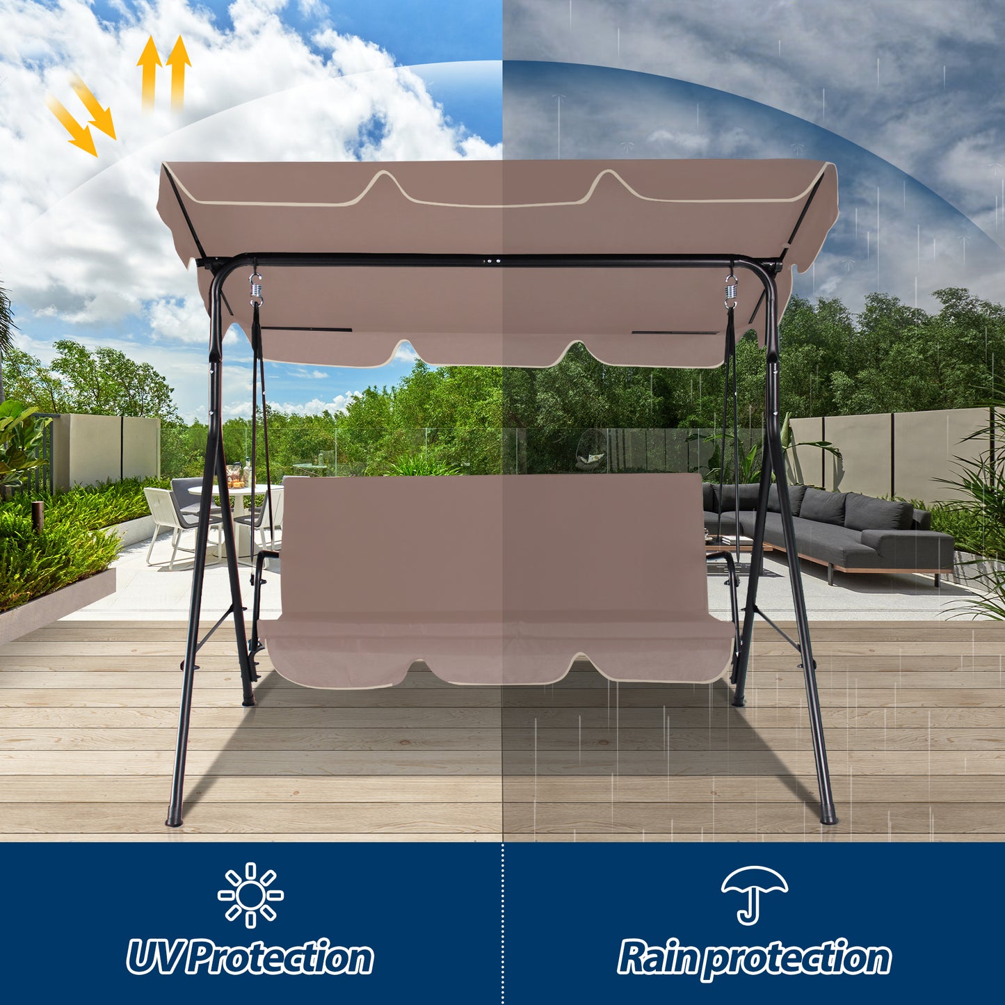 COVERONICS 3-Seat Outdoor Porch Swing – Patio Swing Chair with Adjustable Canopy, Durable Metal Frame, and Removable Cushions – Ideal for Backyard, Terrace, Lawn