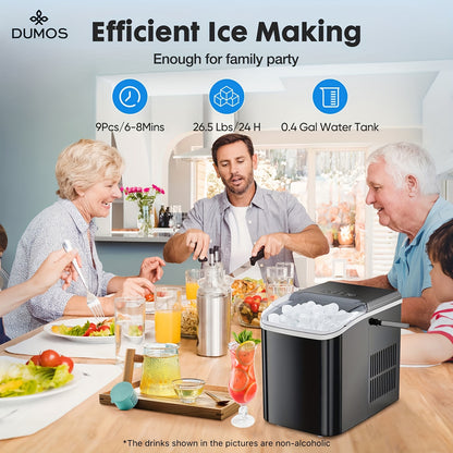 Countertop Ice Maker: Produces 9 Bullet Ice Cubes in 6 Minutes, 26 Pounds in 24 Hours, Portable Self-Cleaning Ice Machine for Homes, Kitchens, RVs and Parties