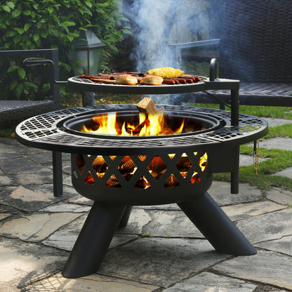 Large Round Wood Burning Fire Pit – Backyard BBQ Grill with Cooking Grate, Durable Black Finish, Outdoor Gathering Centerpiece for Camping, Patio, Garden