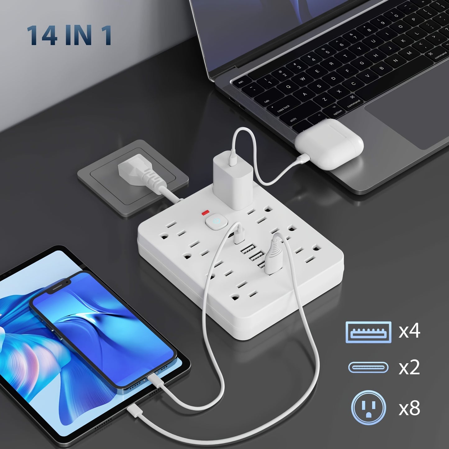 Multi-Functional Power Strip with Switch and Surge Protection – 14 in 1 Outlet with 8 Power Outlets, 4 USB, and 2 Type-C Ports for Office, Home, and Travel