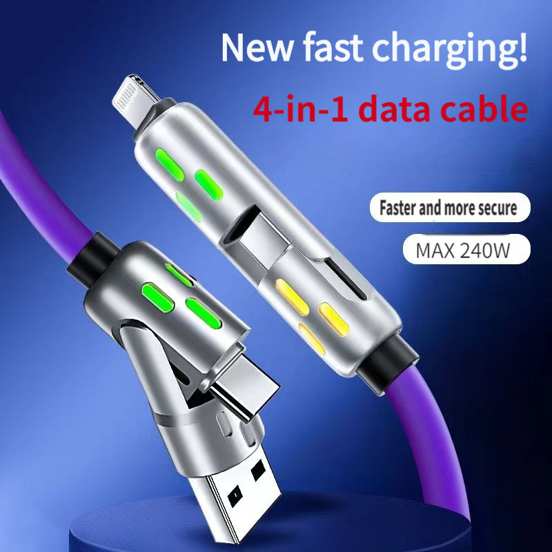 4 in 1 USB C Cable - Anti-Tangle Fast Charging and Data Sync Cable for Smartphone, 240W Luminous Fast Charging/Data Transfer