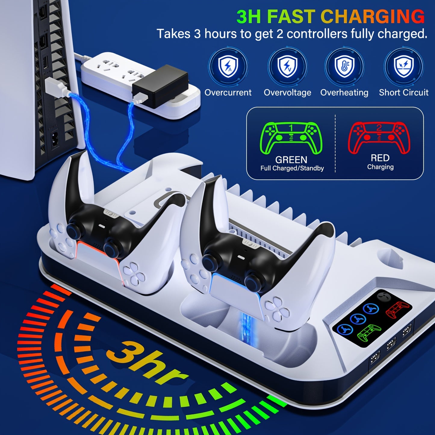 PS5/PS5 Slim/PS5 Pro Cooling Station with Controller Charging Stand - Includes Cooling Fan, 3 USB Hubs, Headset Holder and Screw for Disc/Digital Console - PlayStation 5 Accessories, Christmas Gift