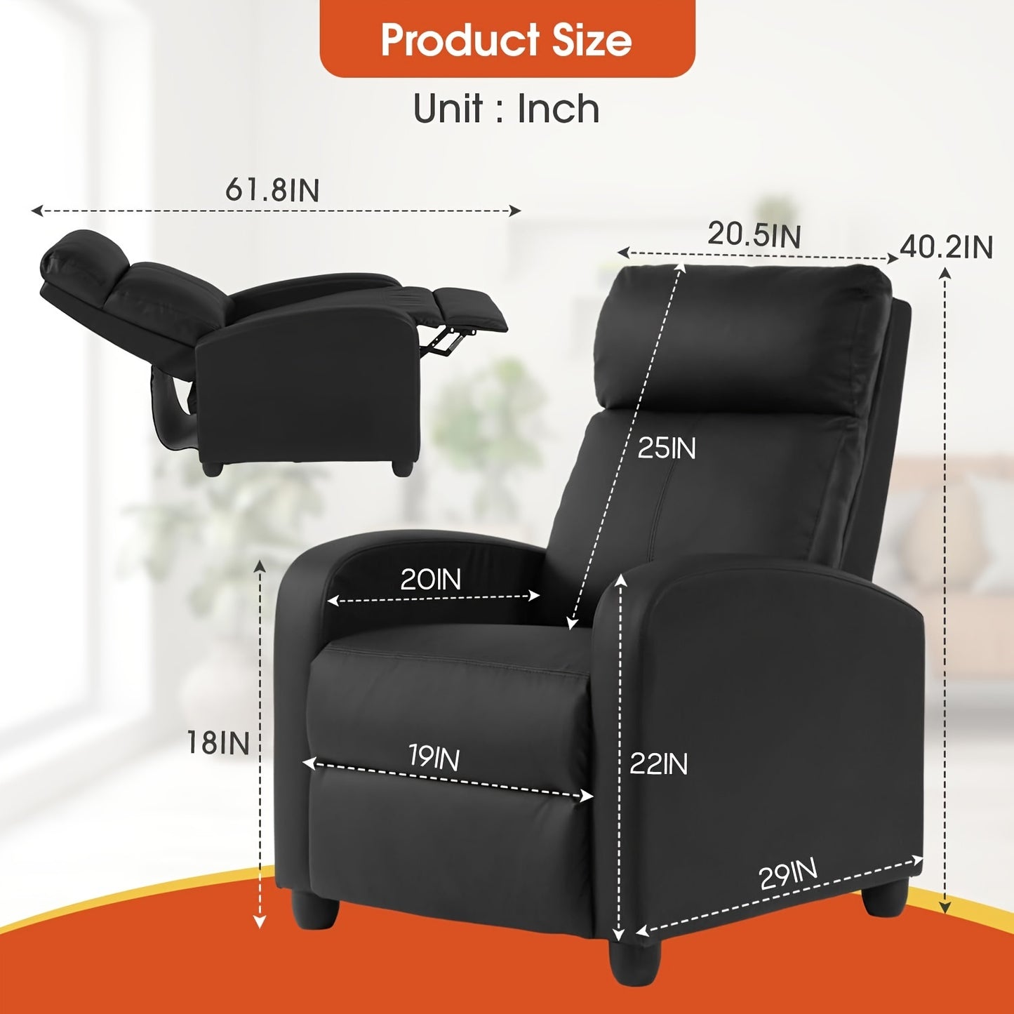 Recliner Chair for Living Room - Leather Single Sofa, Adjustable Modern Reclining Chair with Wooden Legs, Padded Seat and Backrest - Home Theater Furniture