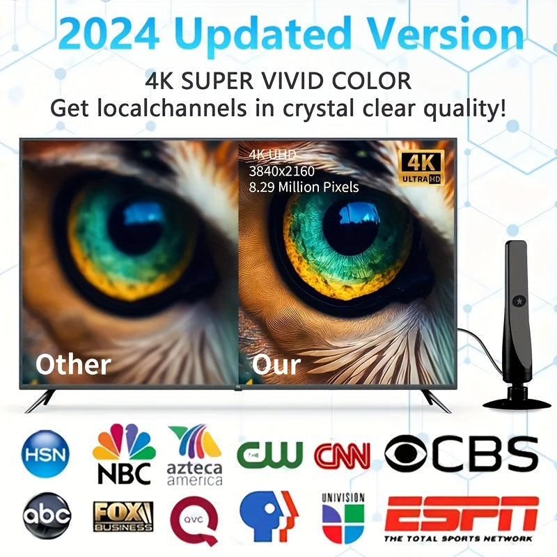 2024 New Indoor DTV Antenna with Signal Amplifier - 360 Mile Range, Supports Smart/Traditional TVs, 4K 1080P Ultra HD, Includes 10ft Coaxial Cable