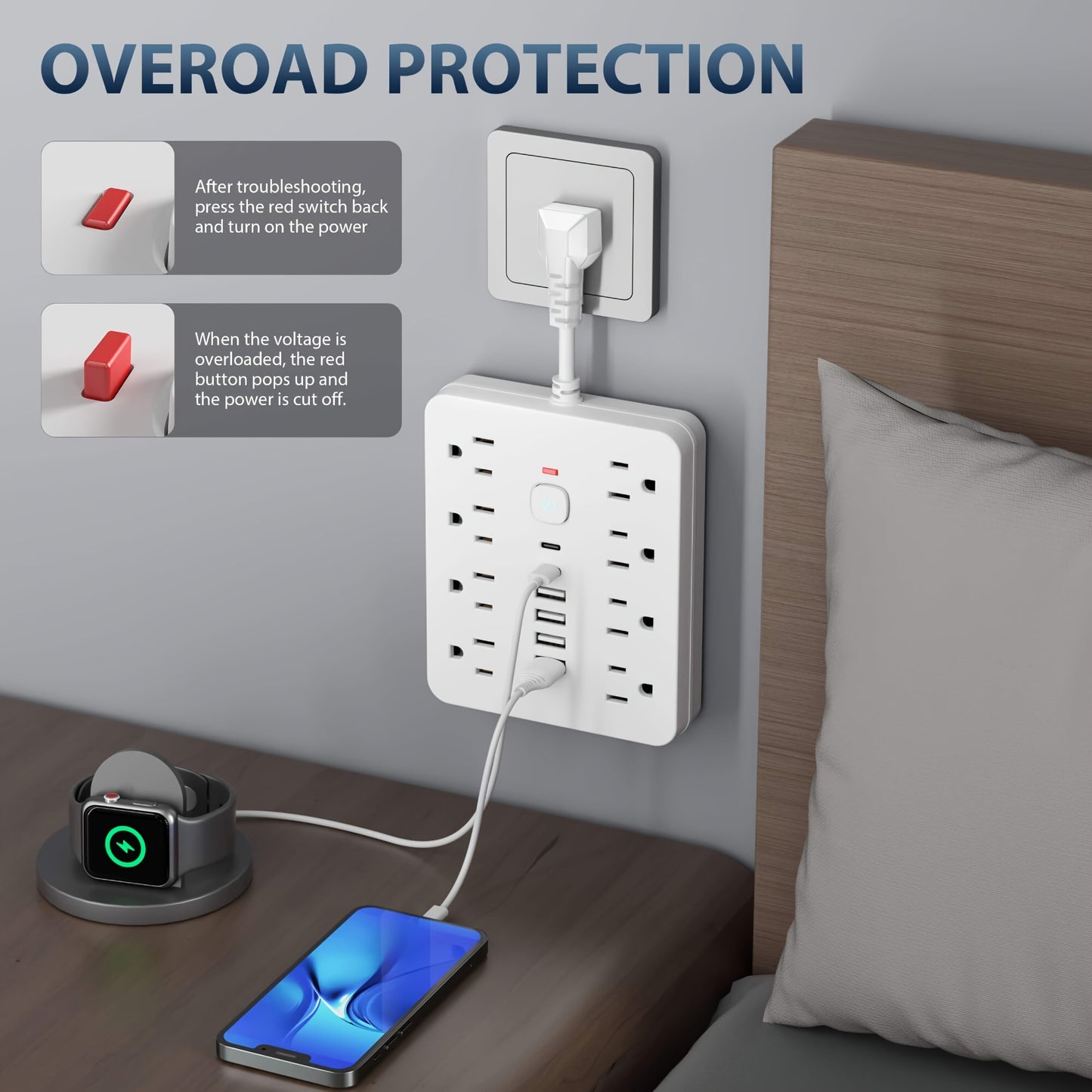 Multi-Functional Power Strip with Switch and Surge Protection – 14 in 1 Outlet with 8 Power Outlets, 4 USB, and 2 Type-C Ports for Office, Home, and Travel