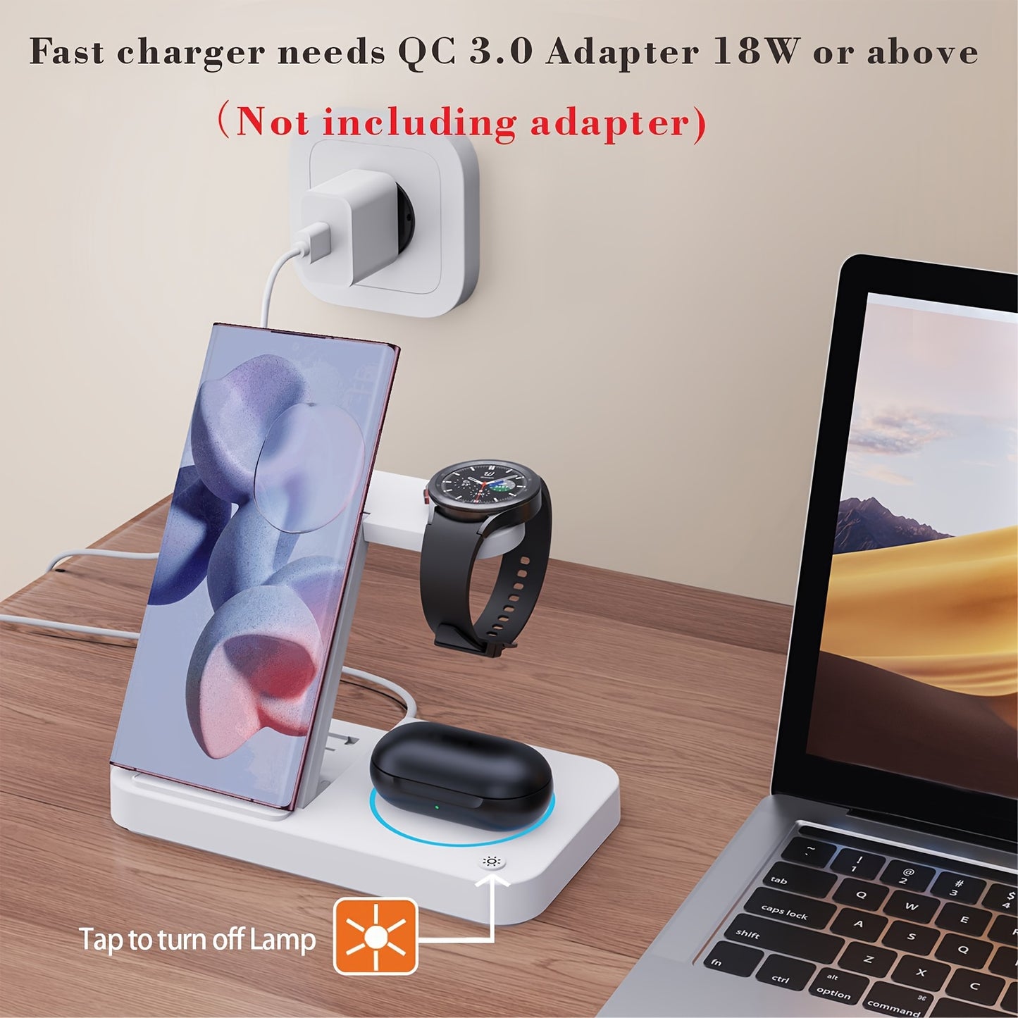 4 in 1 Fast Wireless Charger Station for Samsung - Charging Dock for Android Phones, Galaxy Buds, and Watches with LED Night Light, Compatible with S24 Ultra, S23, S22, Note 20 Plus, Z Flip 5, Fold 5, and More