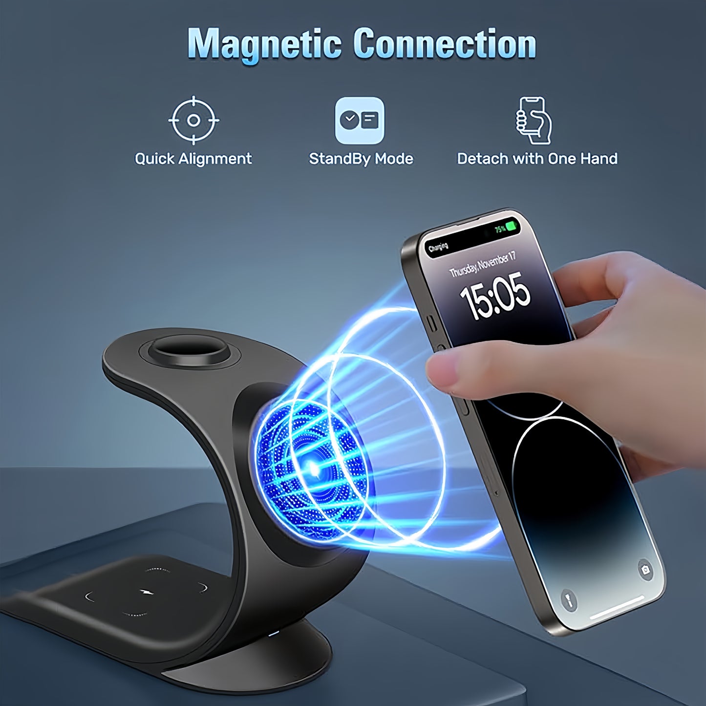 Triple Mode Magnetic Wireless Charger Stand - 3 in 1 Fast Charging for iPhone 16/15/14/13/12, iWatch SE/8/7/6/5/4/3/2, and AirPods, Compact and Safe Charging Solution