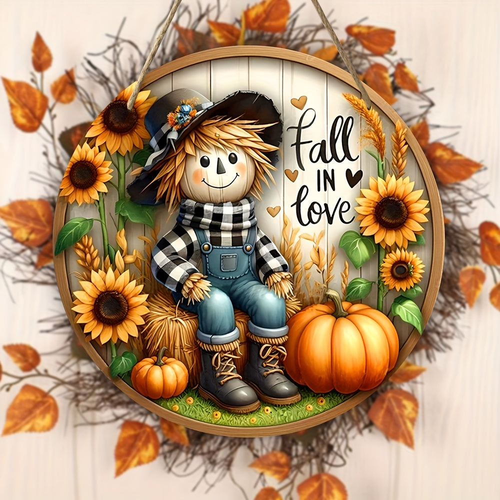 Charming Scarecrow and Fall Harvest Wooden Sign - 7.9"x7.9" Round Wreath Centerpiece for Door, Wall, Home, Porch, Garden Decor - Perfect for Autumn, Country, and Farmhouse Ambiance